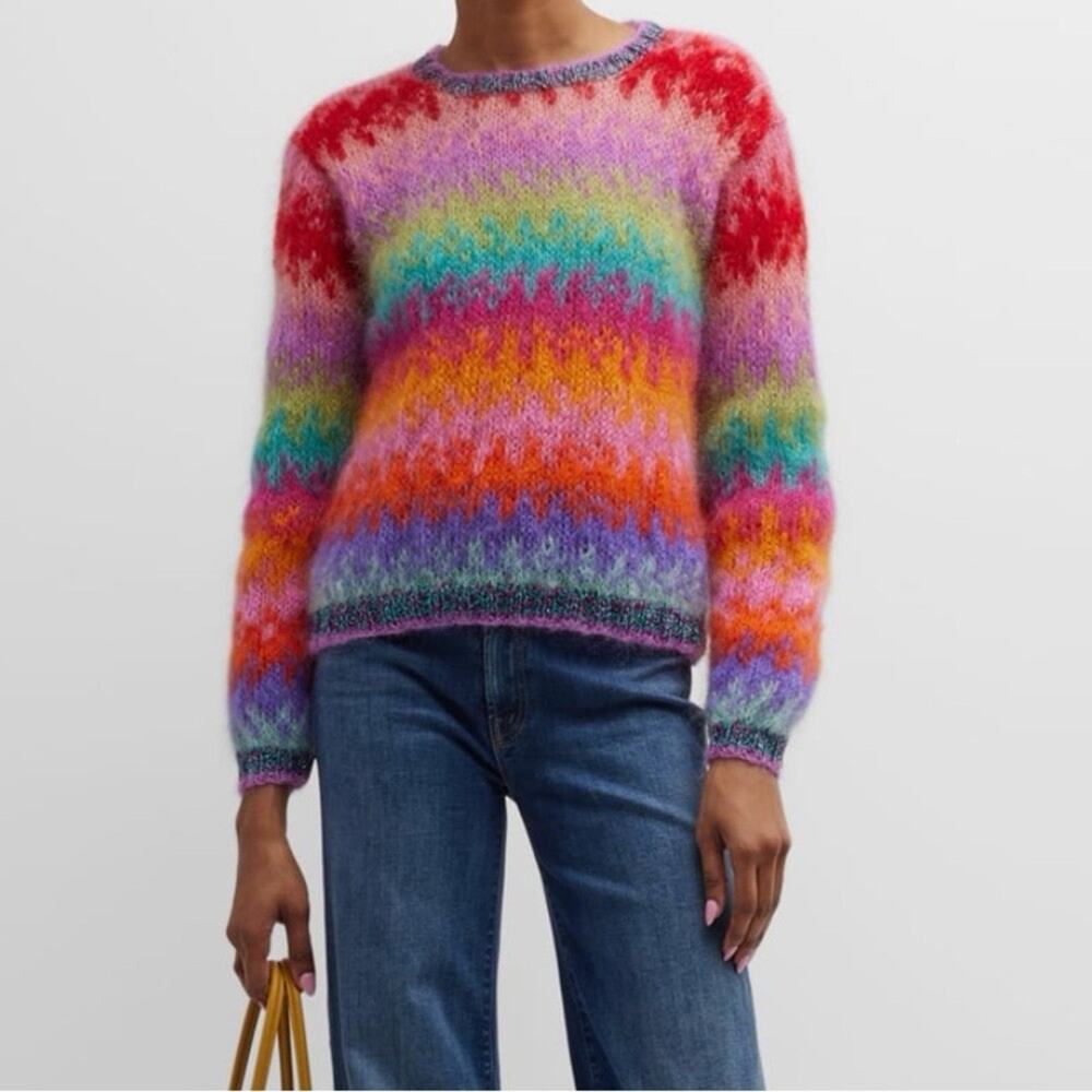 Rose Carmine Mohair Wool Rainbow Ombre Striped Lurex Sweater Size 1 S/M